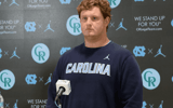 North Carolina center Chad Lindberg speaks to the media during Tuesday morning's press conference at the Kenan Football Center.
